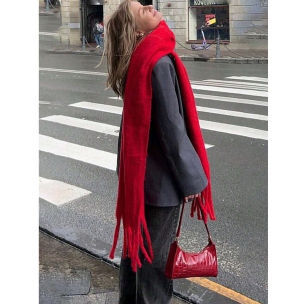 Red Wide Shawl Scarf With Tassels Fuzzy Knit